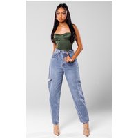 Mid Wash Thigh Split Baggy Boyfriend Jeans, Mid Blue Wash