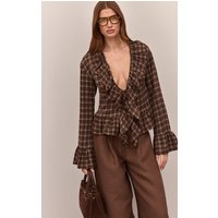 Brown Check Print Ruffle Blouse