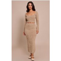 Petite Beige Fluffy Knit Low Waist Maxi Skirt