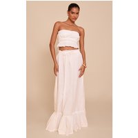 White Linen Blend Shirred Waist Maxi Skirt
