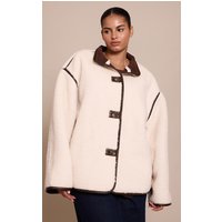 Plus Cream Borg Faux Leather Contrast Coat