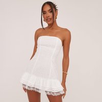 Bandeau Frill Hem Broderie Mini Dress In White, Women's Size