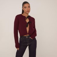 Bow Tie Front Detail Cropped Cardigan In Burgundy Knit, Women's Size