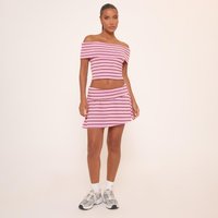 Low Rise Fold Over Mini Skirt In Pink And Brown Stripe, Women's Size