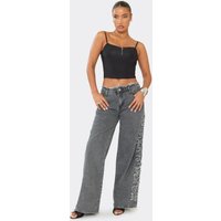 Low Rise Frayed Waist Established Graphic Detail Wide Leg Jeans In Black Denim, Women's Size