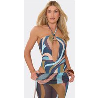 Keyhole Cut Out Trim Detail High Leg Swimsuit In Multi Abstract Print, Women's Size