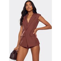 Plunge Split Front Blazer Playsuit In Chocolate Brown, Women's Size