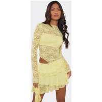 Long Sleeve Asymmetric Hem Detail Top In Yellow Lace, Women's Size