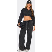 Tie Waist Detail Wide Leg Jeans In Washed Black Denim, Women's Size