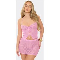 Halterneck Tie Front Top In Pink Crochet Knit, Women's Size