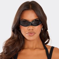 Black Lense Nose Detail Wrap Around Sunglasses In Black, Women's Size
