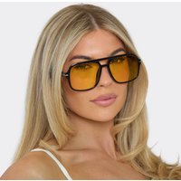 Oversized Yellow Tinted Lense Aviator Style Sunglasses In Black, Women's Size