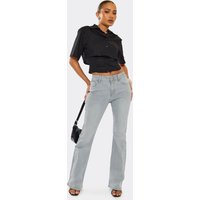 Mid Rise Boot Cut Flared Jeans In Washed Light Grey Denim, Women's Size