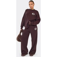 High Waist Embroidered Ego Logo Detail Wide Leg Trousers In Chocolate Brown Knit, Women's Size