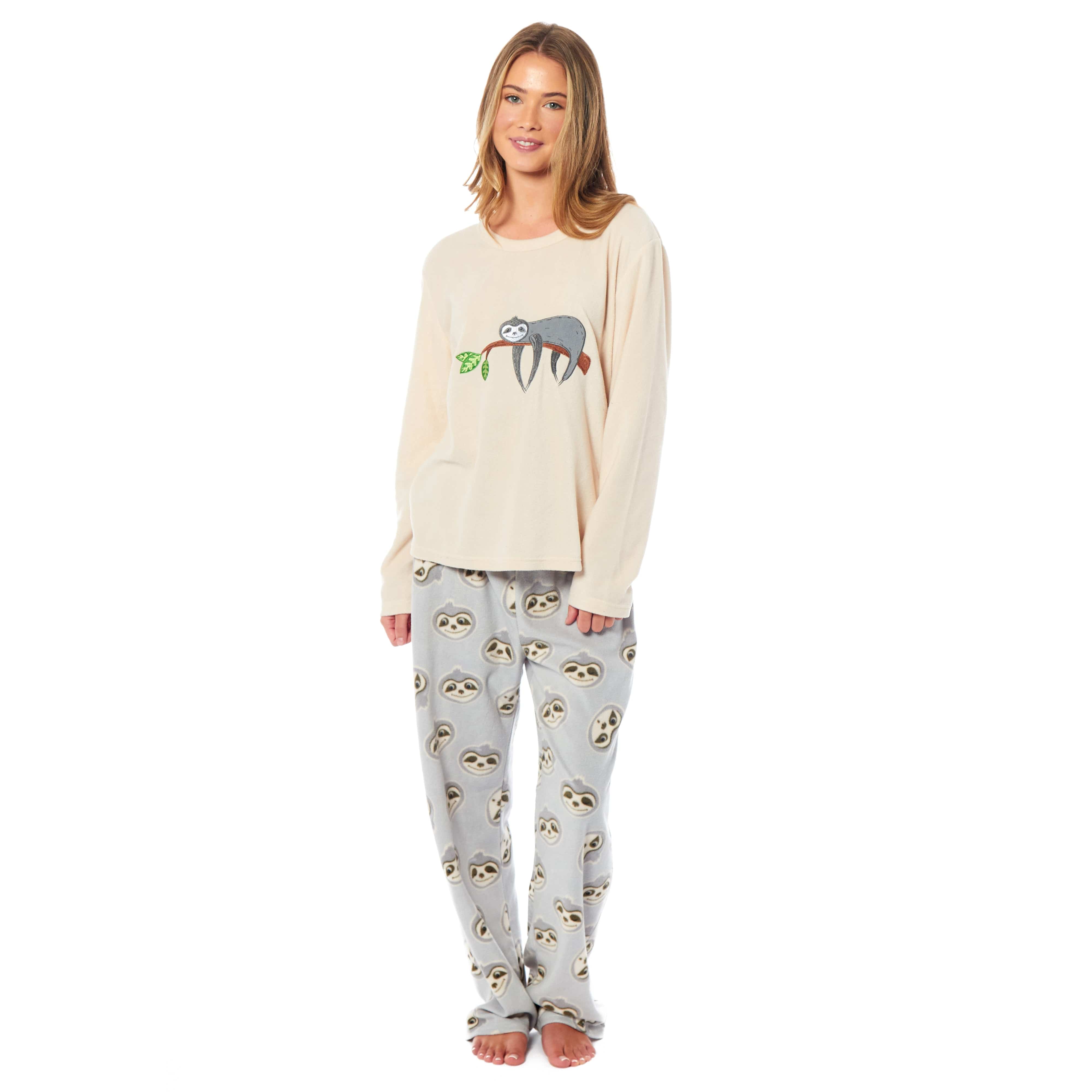 Women's Sloth Thermal Fleece Pyjamas Set Soft Warm Winter PJs Animal Print Loungewear Sleepwear Long Sleeve Top and Bottom by