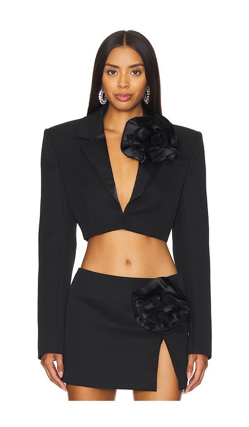 AREA Flower Corsage Cropped Blazer in Black. Size 4, 6, 8.