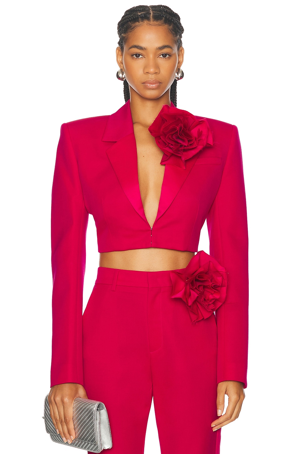 AREA Flower Corsage Cropped Blazer in Raspberry - Pink. Size 0 (also in 2).