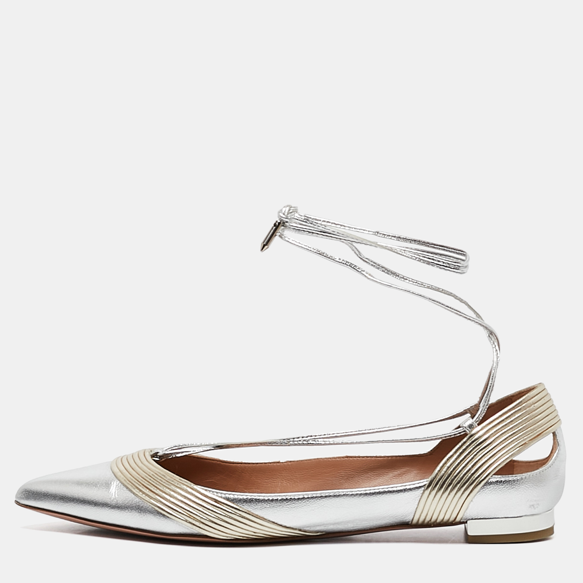 Aquazzura Silver/Gold Leather Ankle Wrap Ballet Flats Size 36