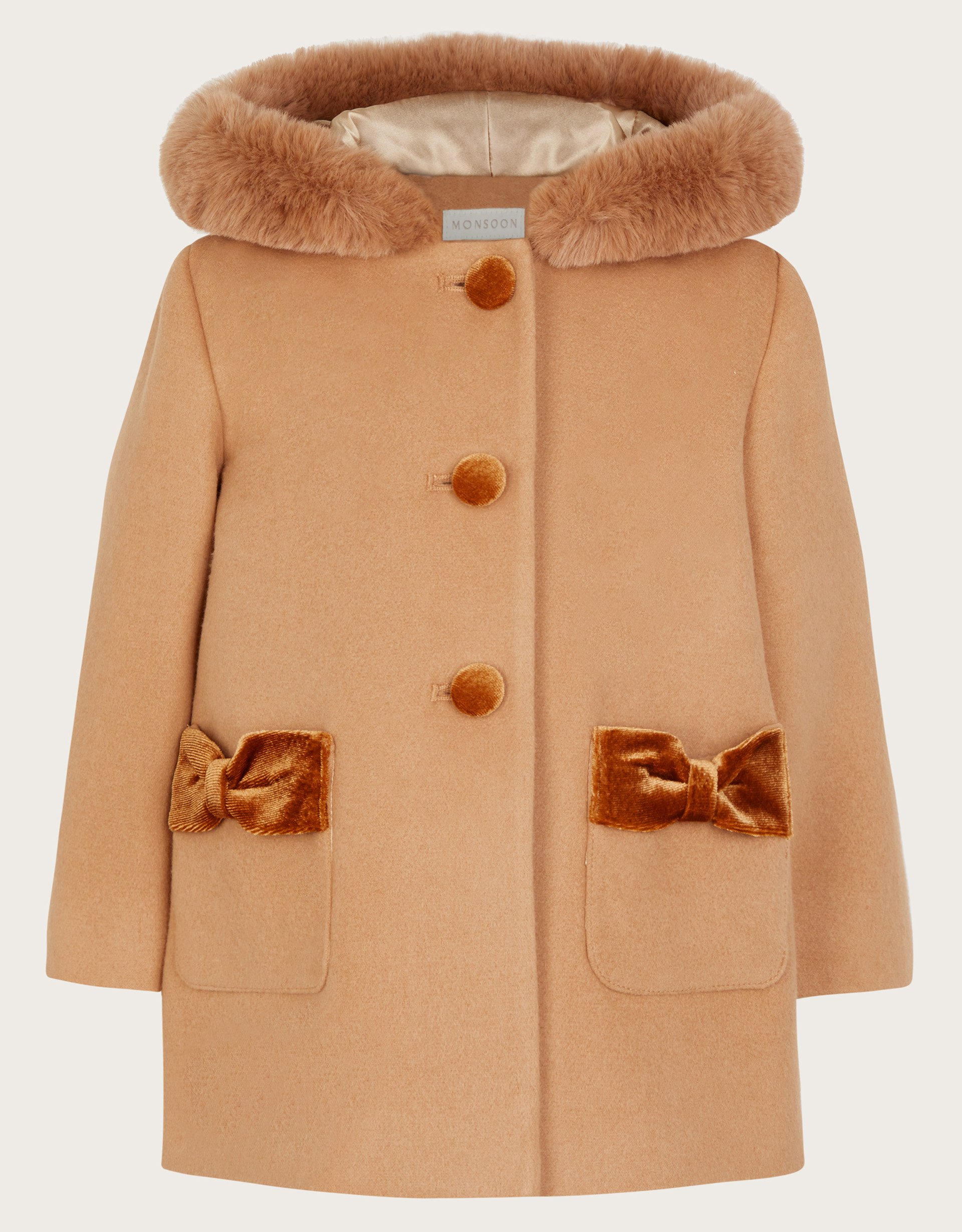 Baby Velvet Contrast Hooded Coat Camel
