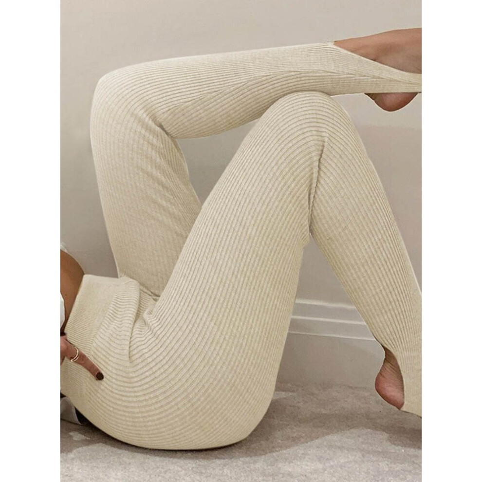 Beige Ribbed Knit Leggings Women High Waist Cotton Fitness Basic Pants Casual Spring All-Match Female Skinny Leggings