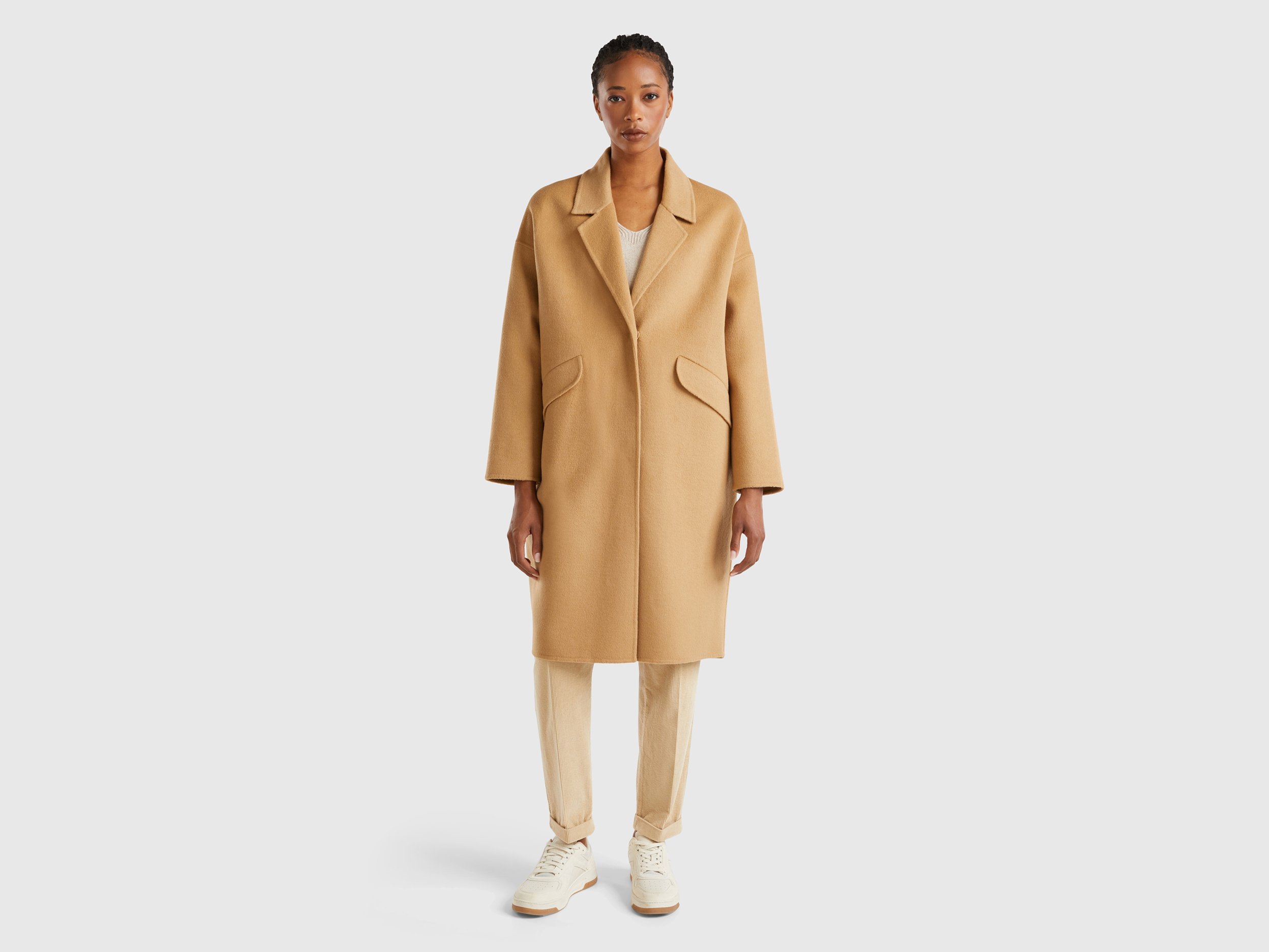 Benetton, Midi Coat In Wool Blend, size S, Camel, Women