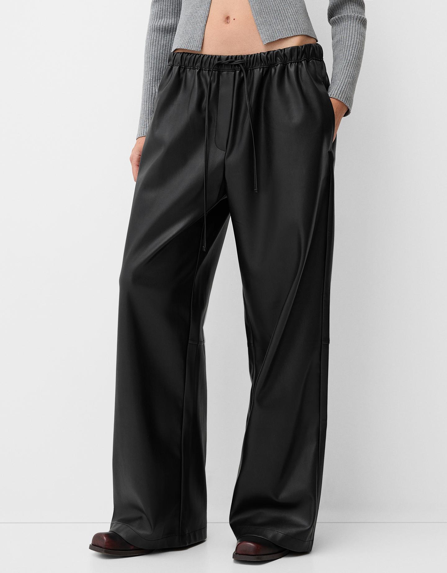 Bershka Faux Leather Wide-Leg Trousers Women Xl Black