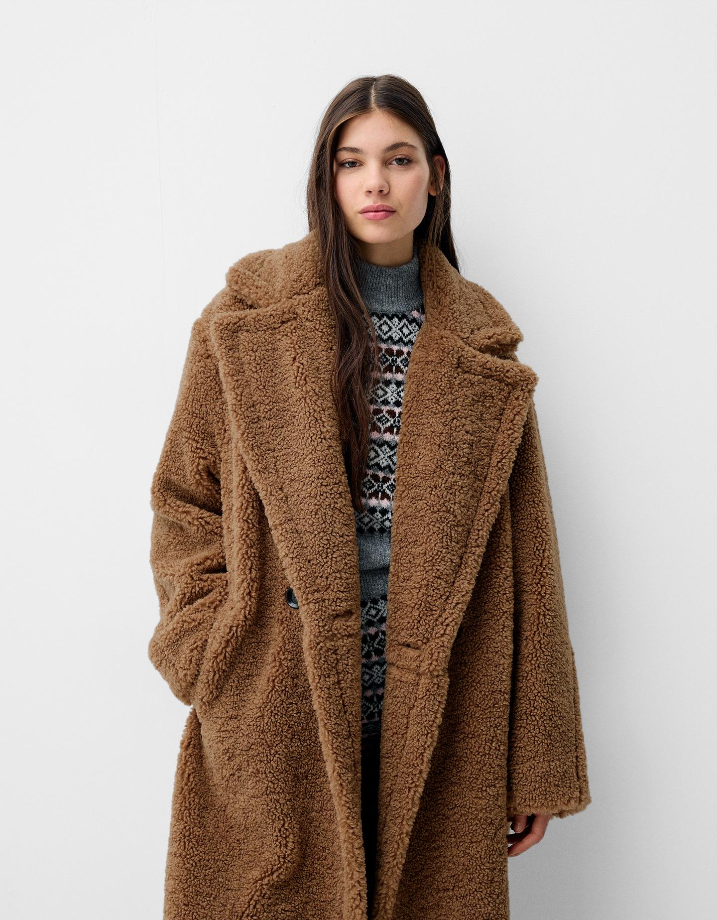 Bershka Long Faux Shearling Coat Women M Camel
