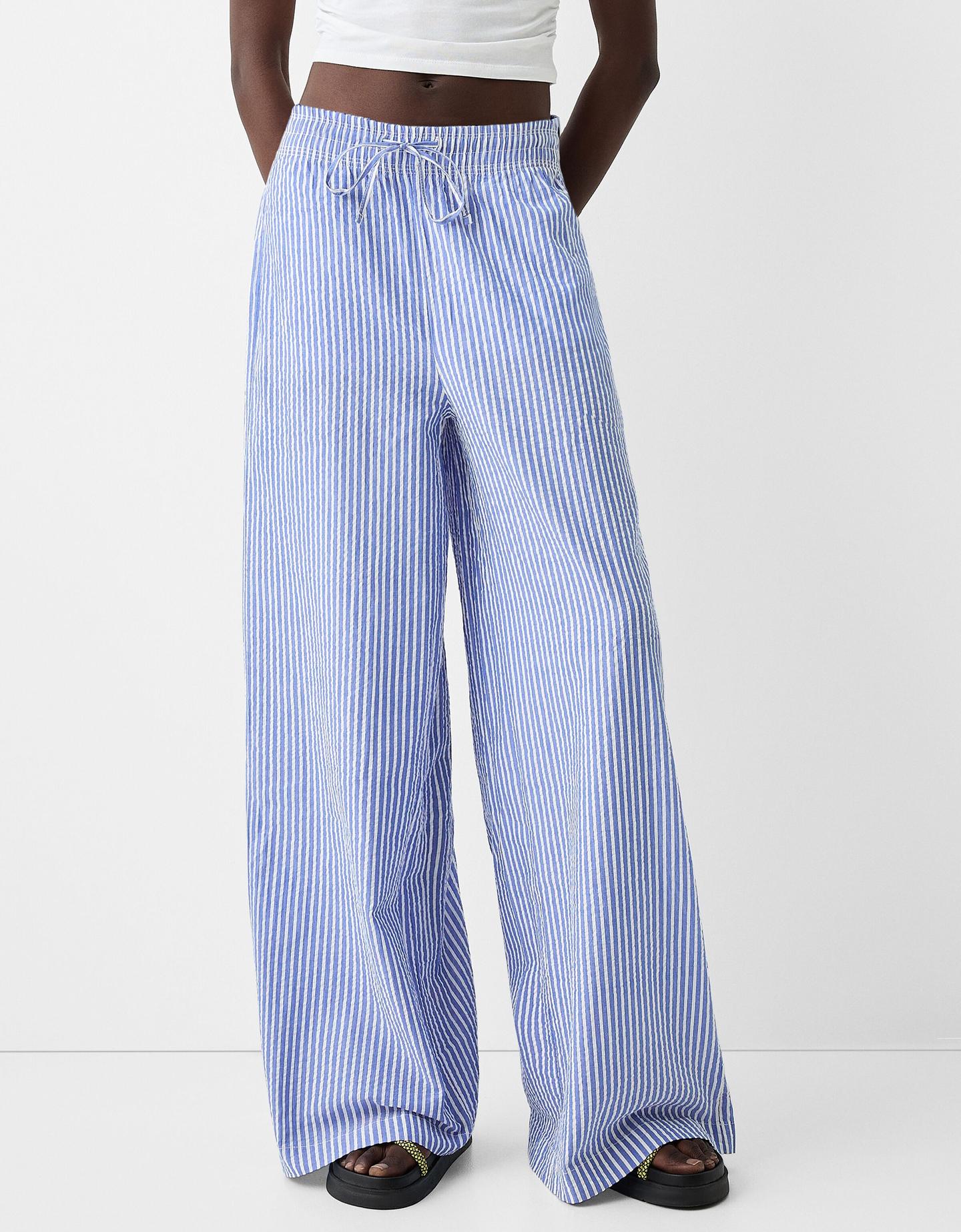 Bershka Striped Wide-Leg Creased-Effect Trousers Women M Blue