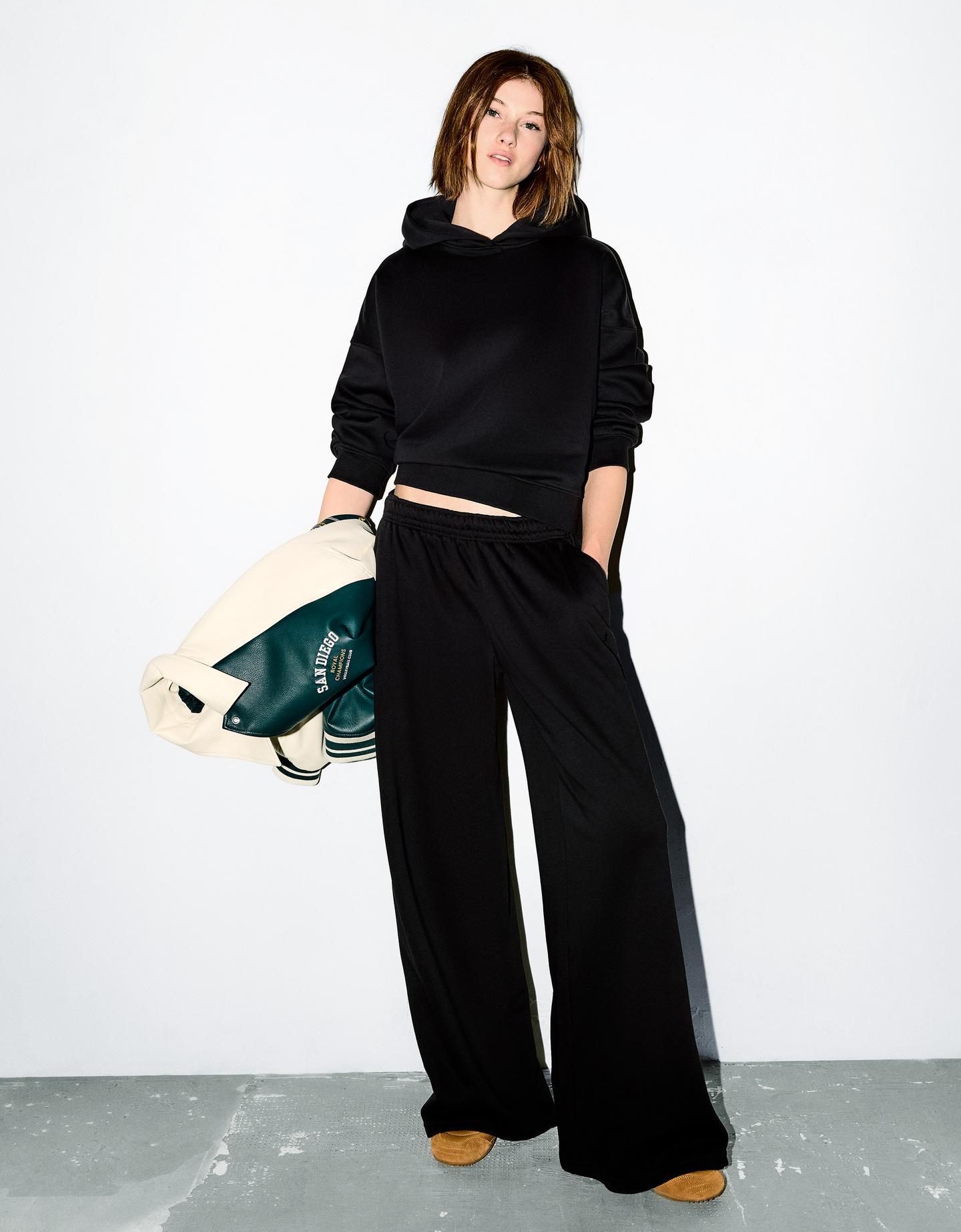 Bershka Super Wide-Leg Plush Trousers Women Xl Black