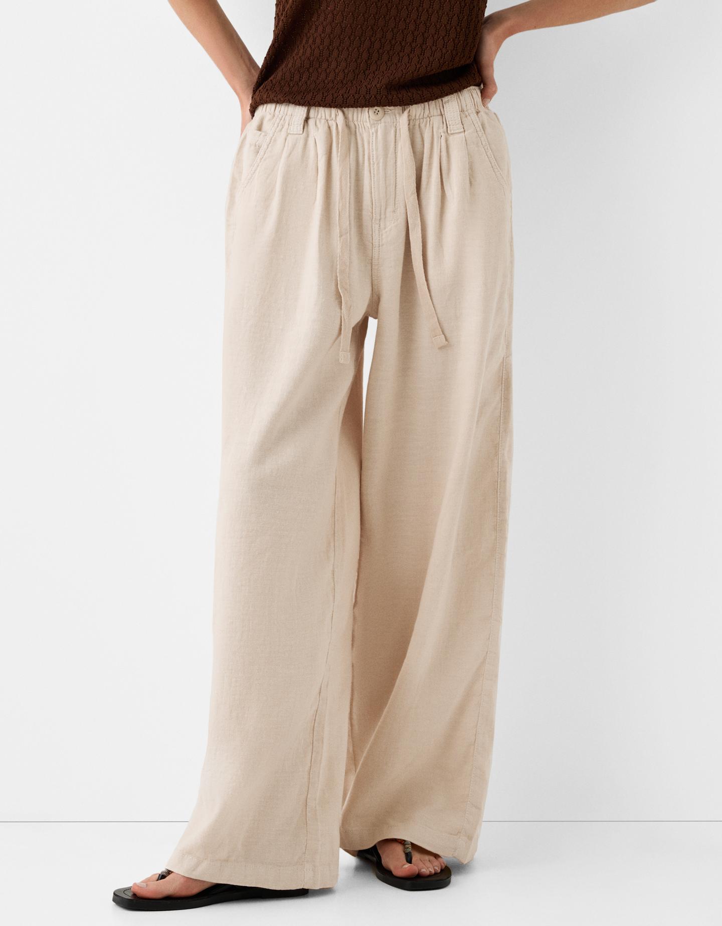 Bershka Wide-Leg Linen Blend Trousers Women L Sand