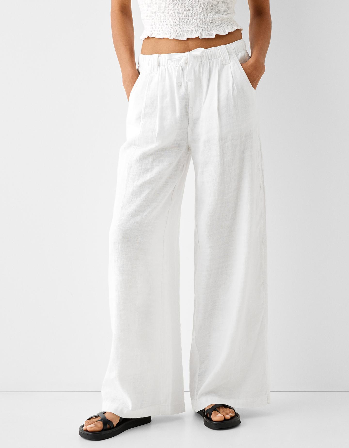Bershka Wide-Leg Linen Blend Trousers Women S White