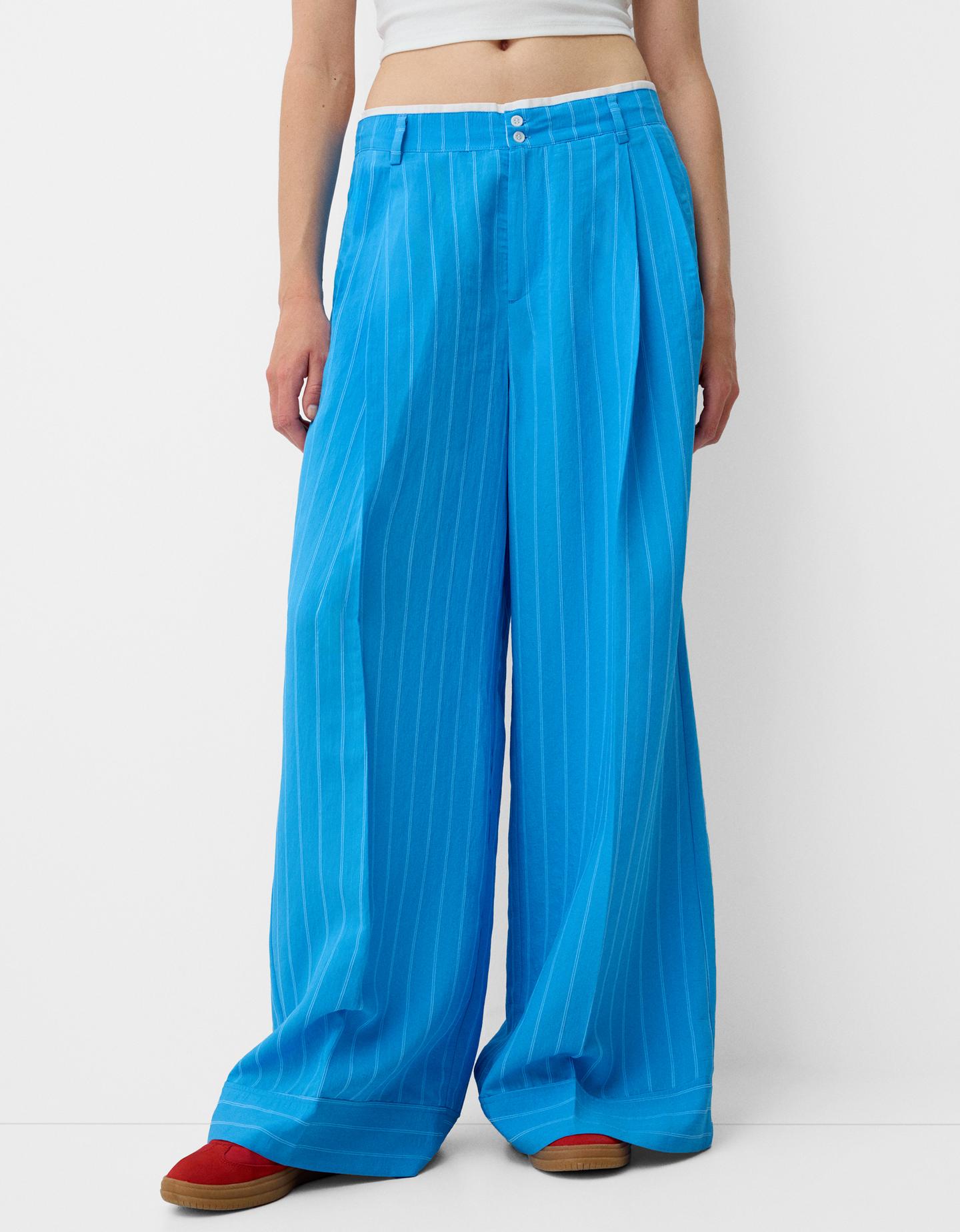 Bershka Wide-Leg Poplin Trousers Women M Blue