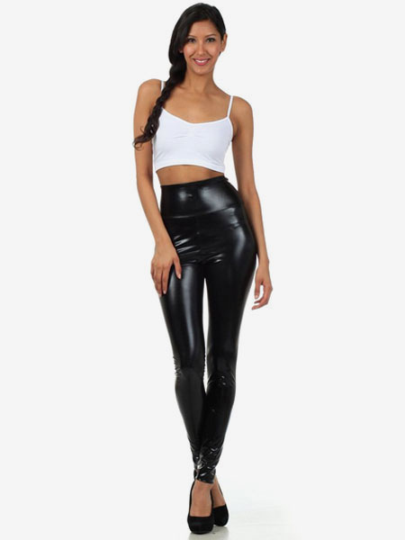 Black Adults Leggings Shiny Metallic Skinny Pants for Women