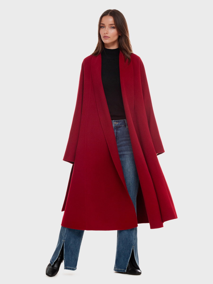 Burgundy Wool Cashmere Blend Wrap Coat For Woman Lapel Elegant Belted Double-Faced Winter Outerwear 2025