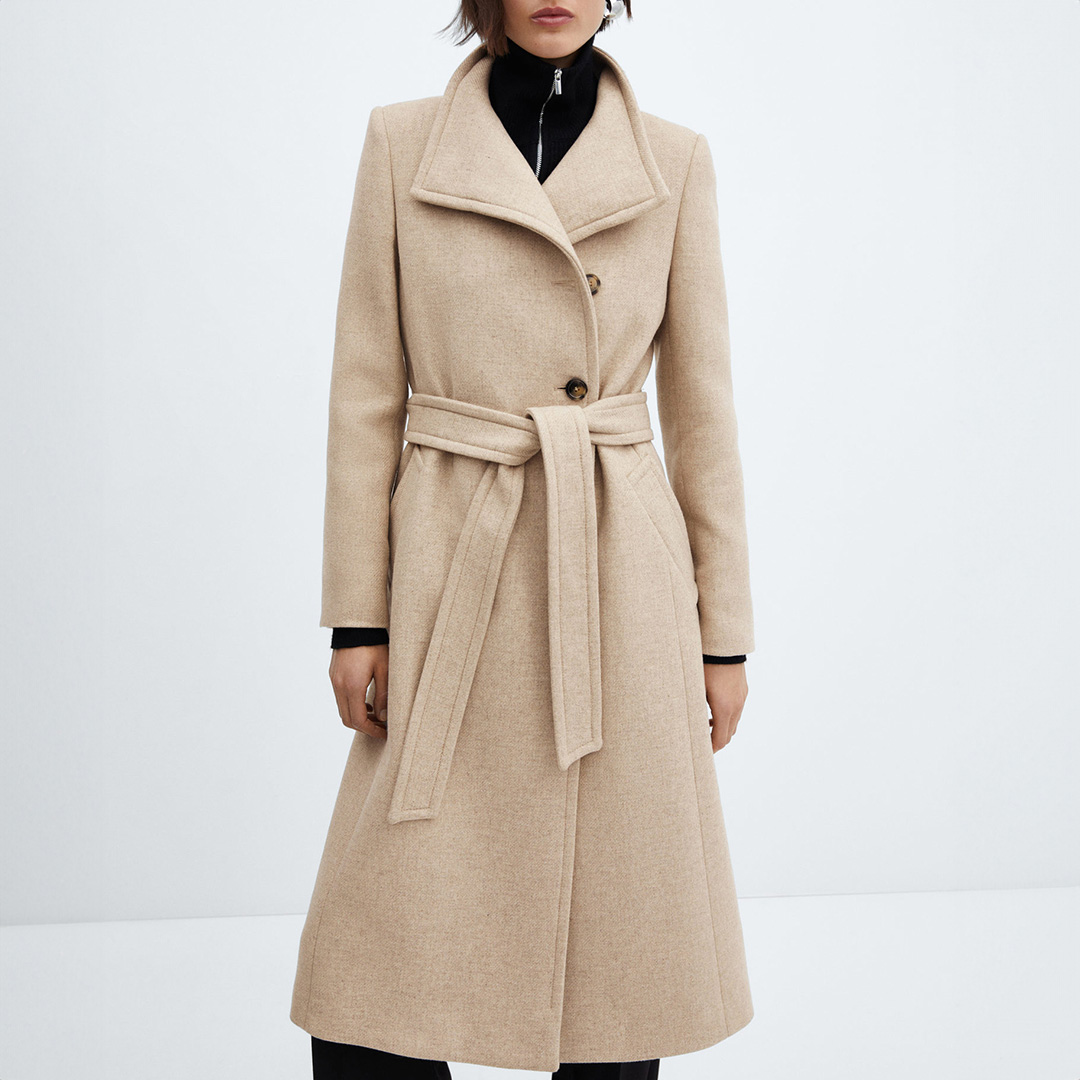 Camel Belted Wool Blend Coat