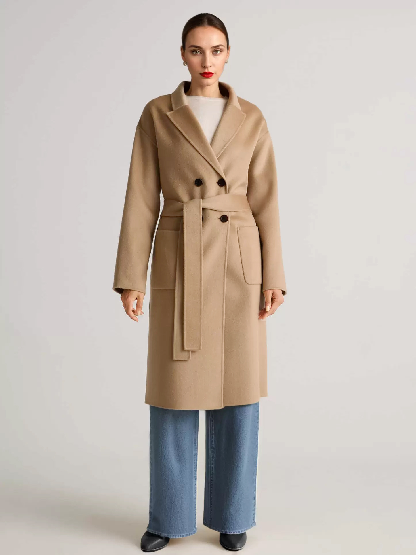 Camel Wool Cashmere Blend Coat Double-breasted Double-Faced Winter Outerwear For Women 2025