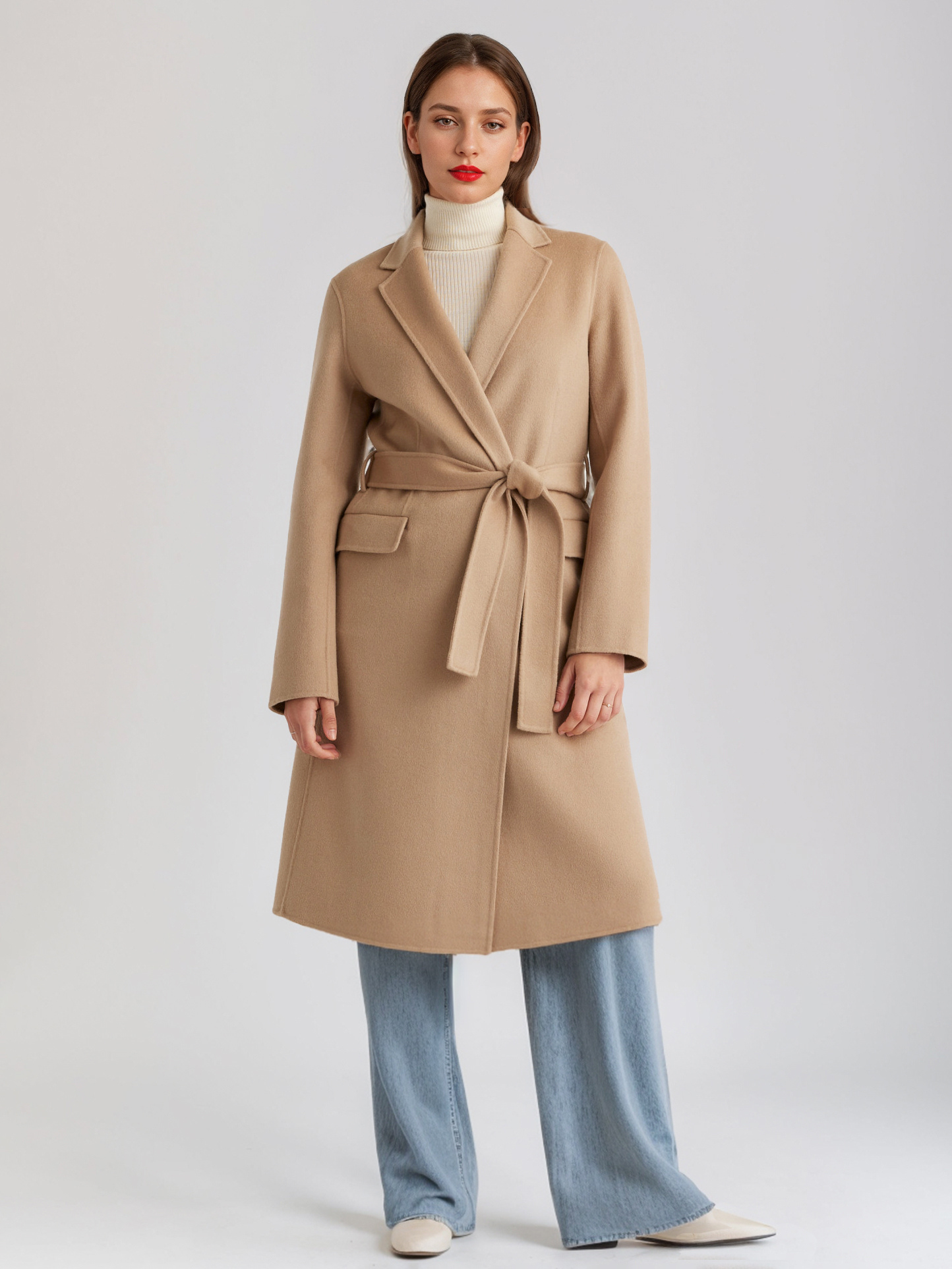 Camel Wool Cashmere Blend Coat Lapel Belted Double-Faced Winter Outerwear For Women 2025