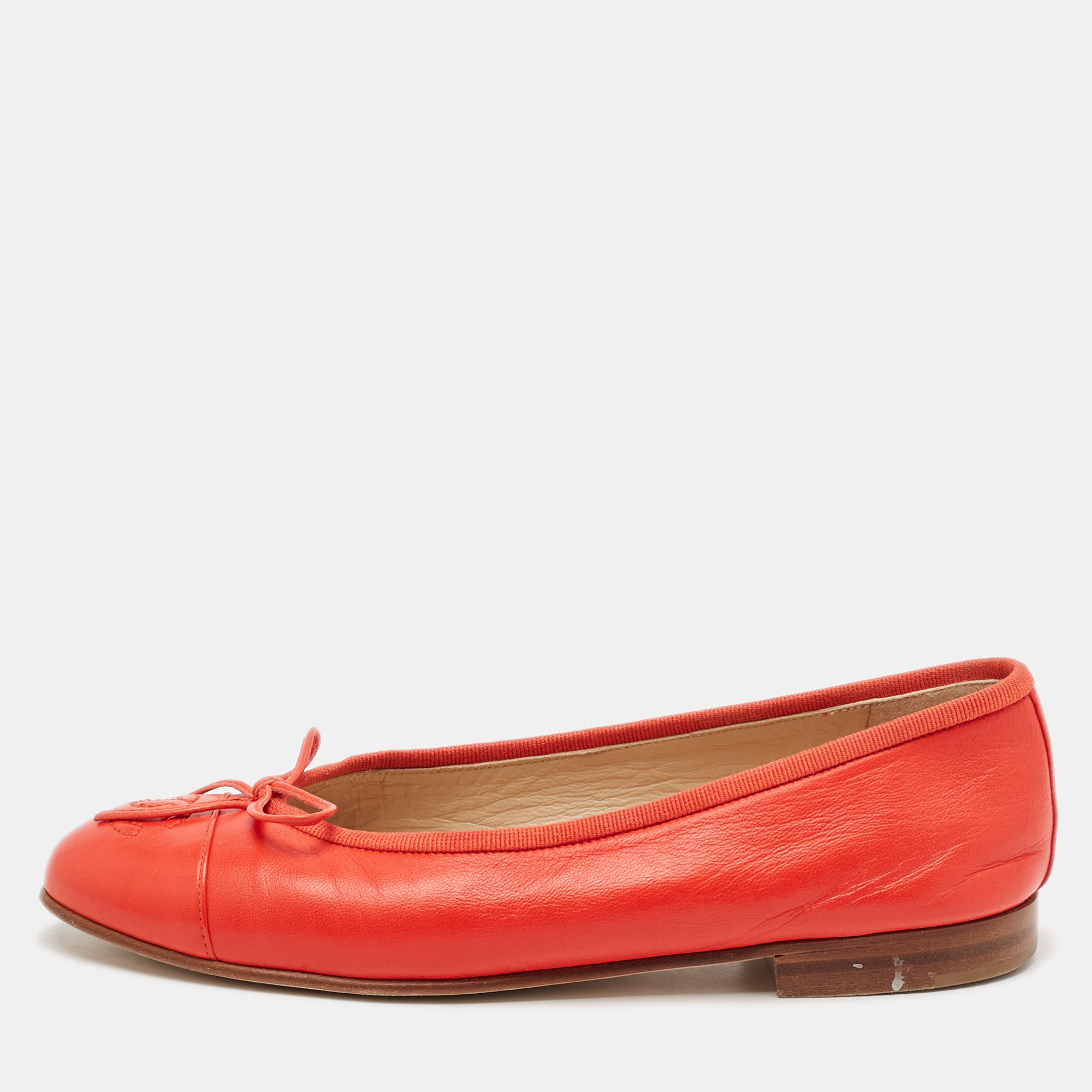 Chanel Red Leather CC Cap Toe Bow Ballet Flats Size 35.5