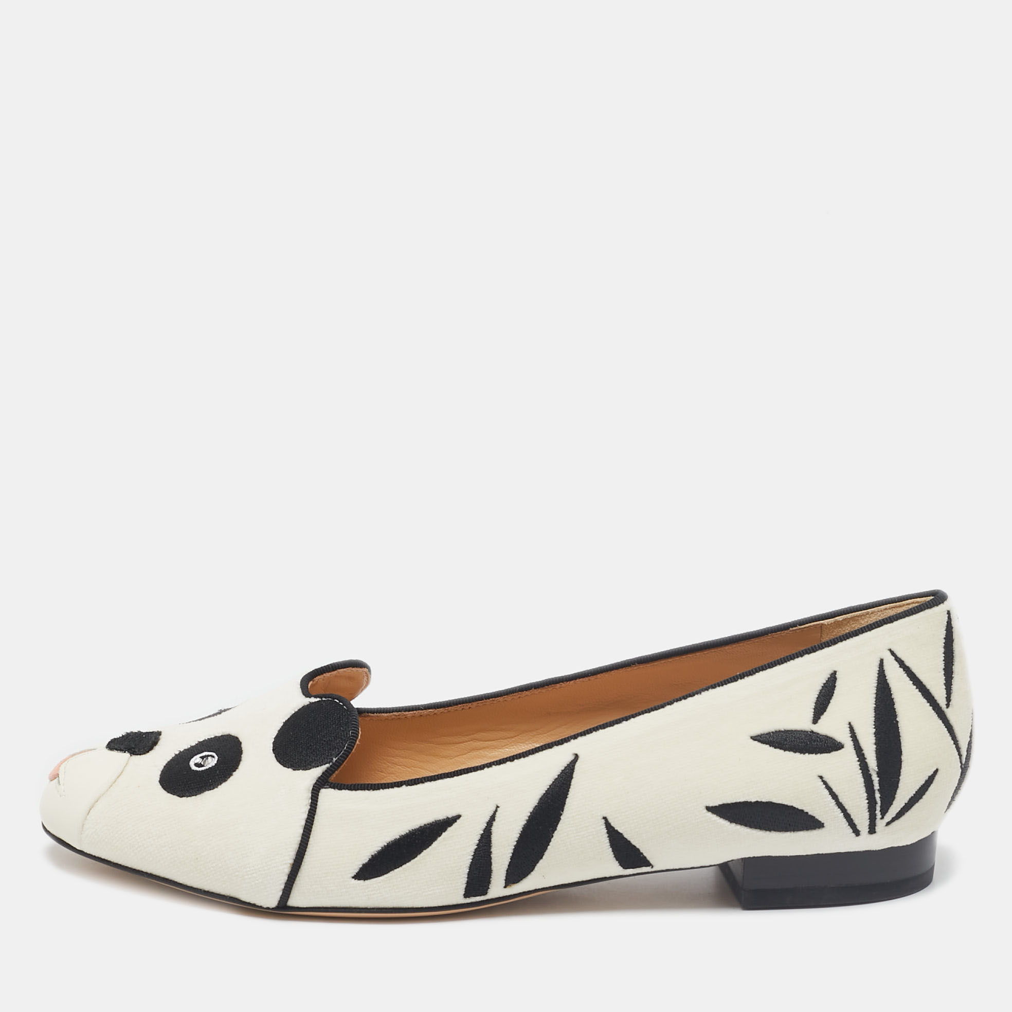 Charlotte Olympia White/Black Velvet Panda Ballet Flats Size 36