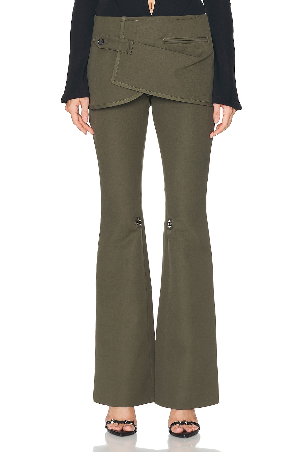 Courreges Modular Overskirt Cotton Bootcut Pant in Camouflage Green - Army. Size 38 (also in 40).