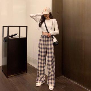 Cropped Cardigan / Plaid Wide-Leg Pants Cardigan - White - One Size