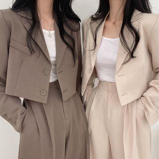 Cropped Single-Breasted Blazer / Wide Leg High Waist Dress Pants 568 Pants - Coffee - S