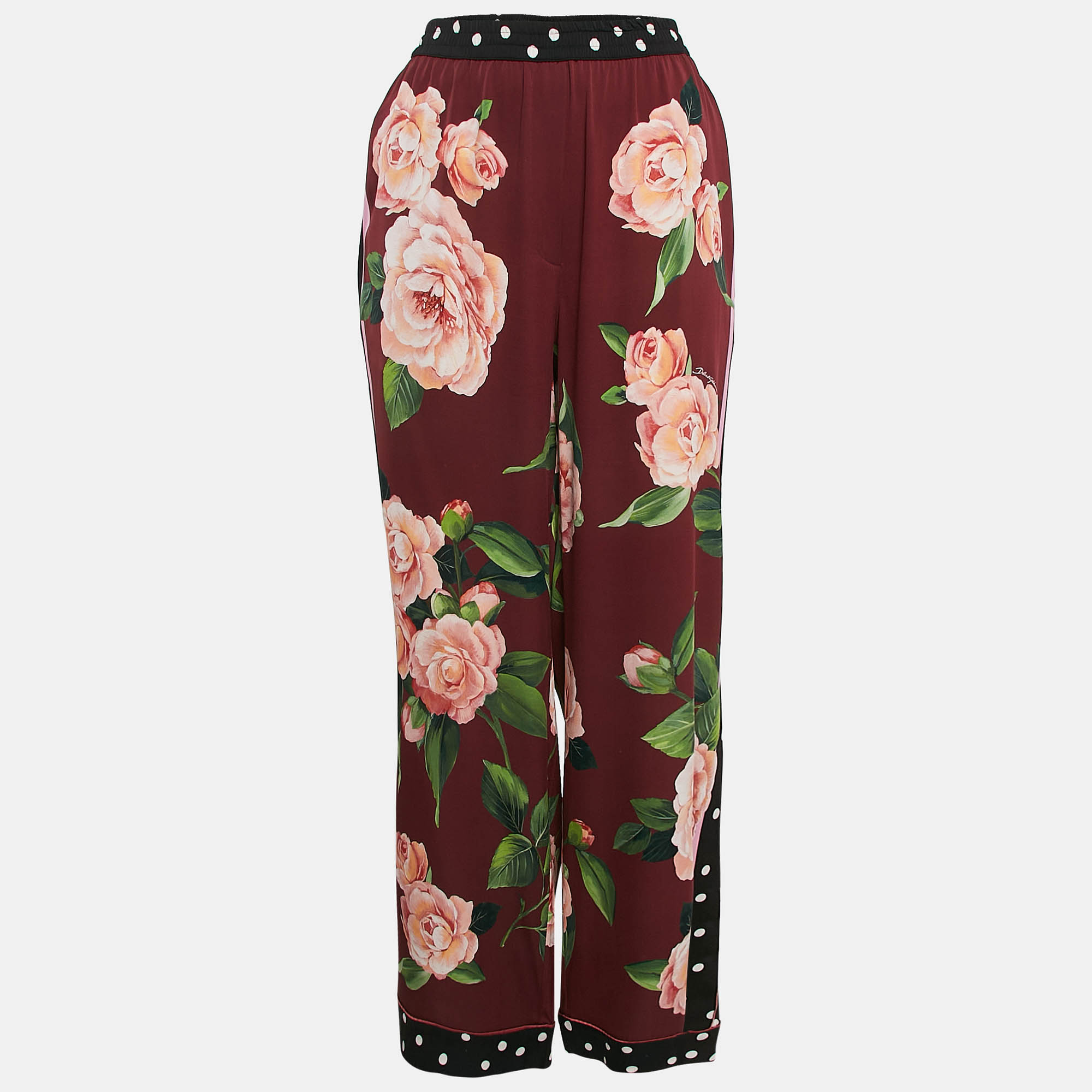 Dolce & Gabbana Burgundy Floral Print Silk Wide-Leg Trousers XL