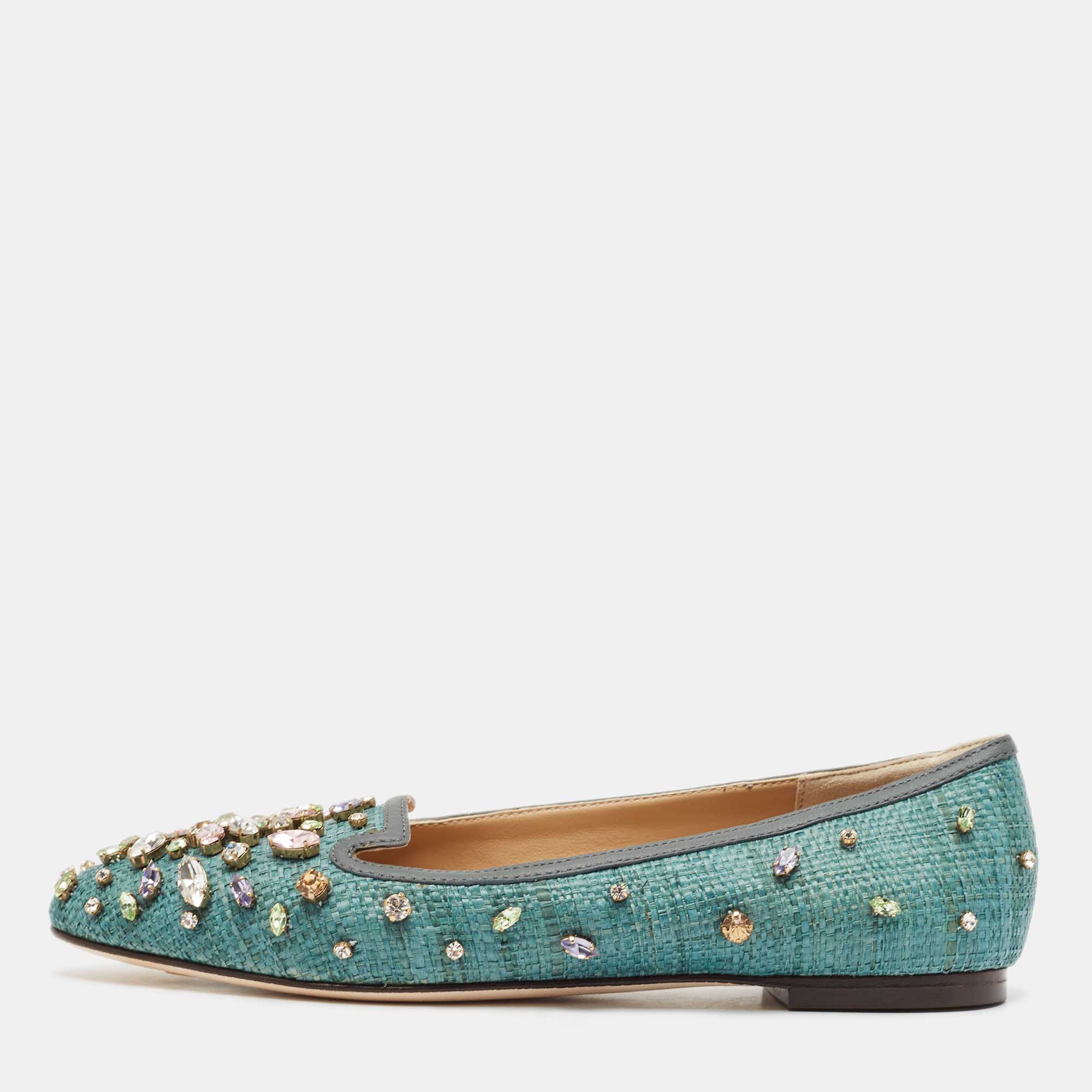 Dolce & Gabbana Green Raffia Crystal Embellished Ballet Flats Size 36