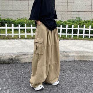 Elasticated Waist Wide-leg Cargo Pants Army Green - XL
