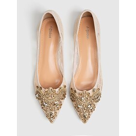 Elegant Women's Beige Lace Ballet Flats with Ornate Rhinestone Embellishments - Perfect for Weddings and Formal Events