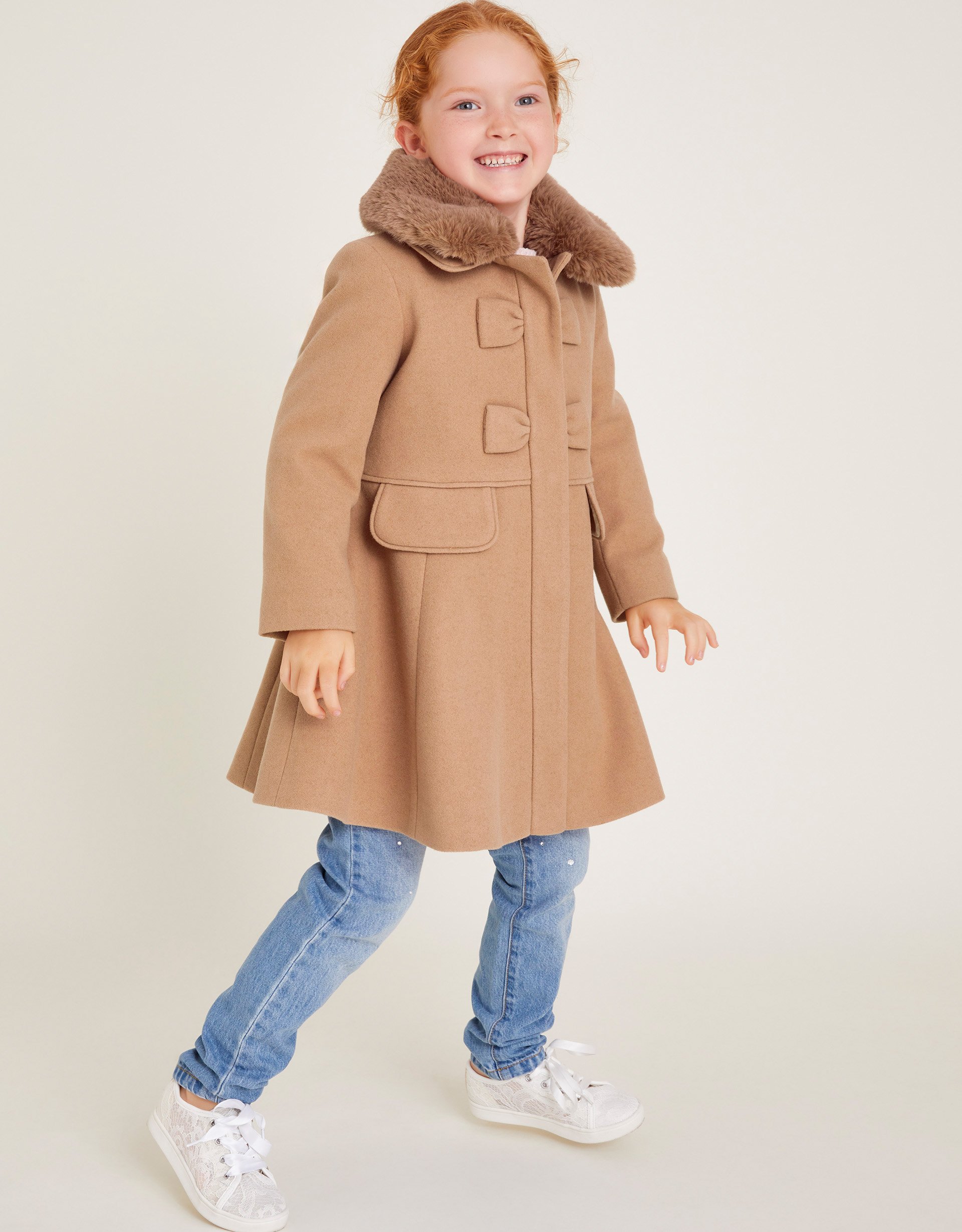 Faux Fur Collar Bow Swing Coat Camel