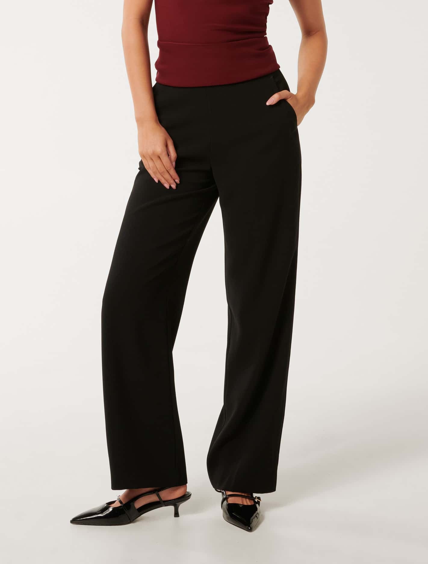 Forever New Women's Allegra Wide-Leg Trousers in Black, Size 16 100% Polyester