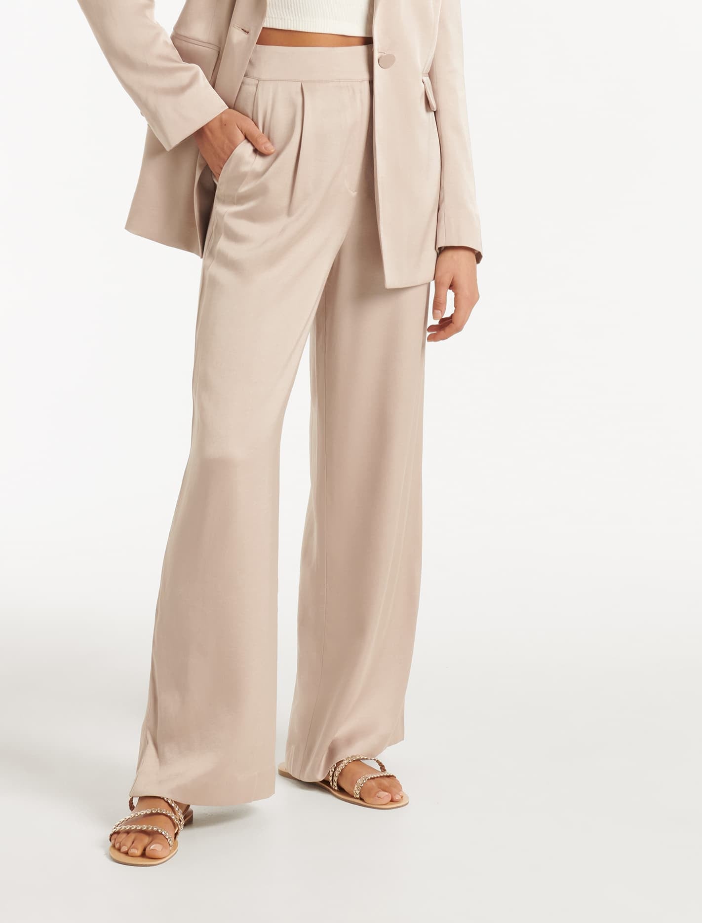Forever New Women's Alora Satin Wide-Leg Pants in Silver Cloud Suit, Size 16 Polyester/Viscose