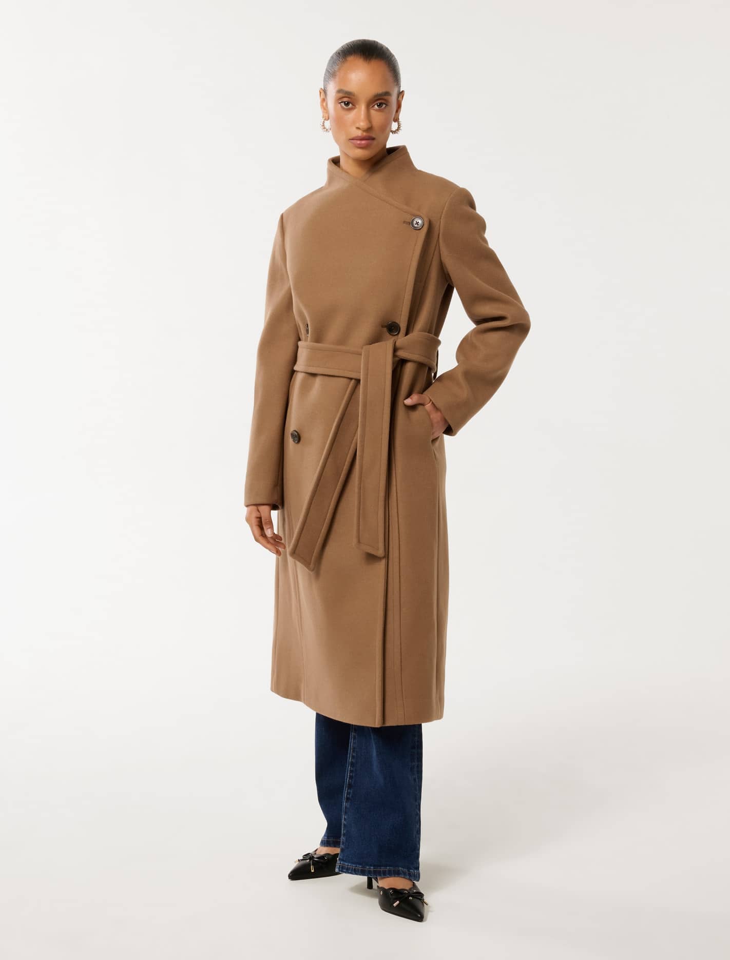 Forever New Women's Ari Petite Funnel-Neck Coat in Dark Camel, Size 16 Polyester/Acrylic/Wool